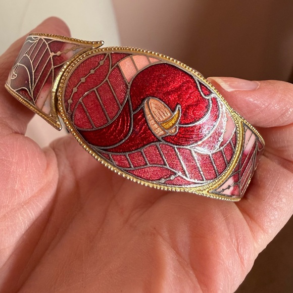 Vintage 70’s 80’s art deco burgundy Red calla Lily Enamel Clamper bracelet - Picture 15 of 17